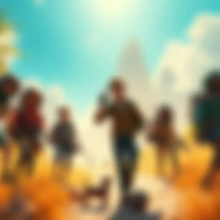 Multiplayer Adventure Game A group of players exploring an open world together, each with unique character classes, during a sunny day.