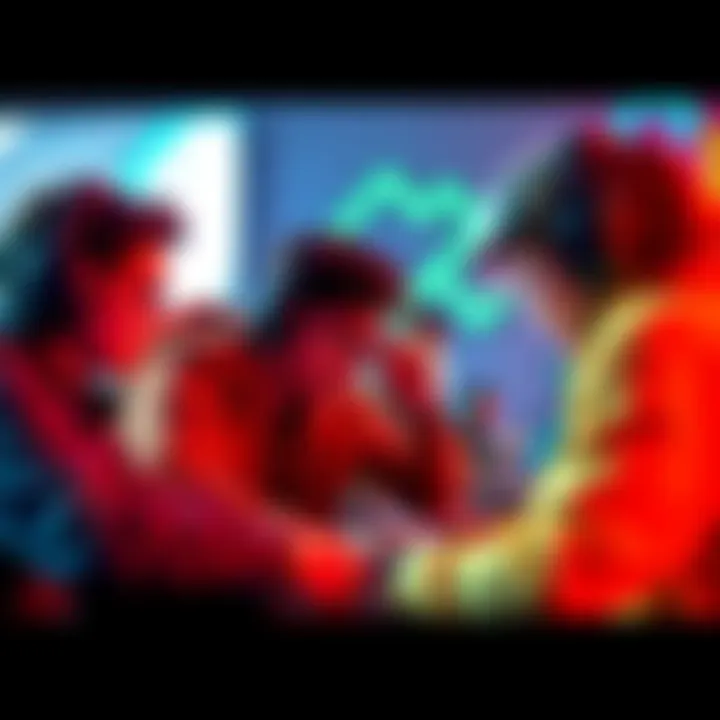 A group of players collaborating in a multiplayer game, one player focusing on completing tasks while another player approaches to create pressure. Bright colors and dynamic poses show action in the game setting.