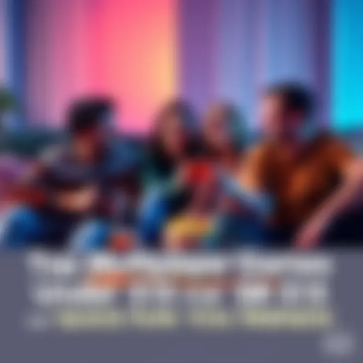 Group of friends sitting together, laughing and playing a multiplayer game on a couch with snacks around them.