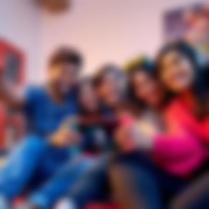 Group of friends playing multiplayer games on a Nintendo Switch console, smiling and enjoying their time together.