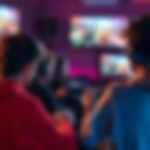 Multiplayer Gaming A group of gamers playing popular multiplayer video games together, with consoles and screens displaying action-packed scenes.