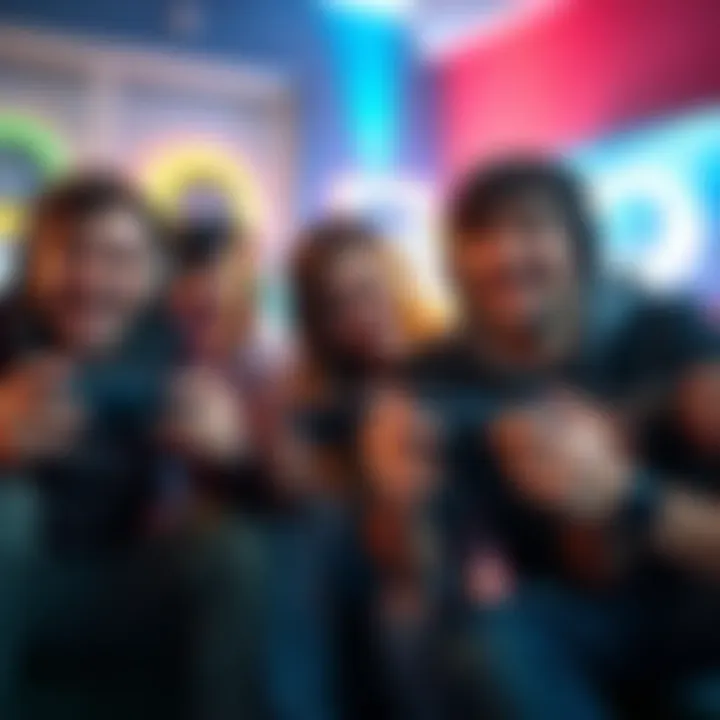 Multiplayer Gaming Fun A group of friends enjoying multiplayer gaming together with controllers in hand and smiles on their faces.