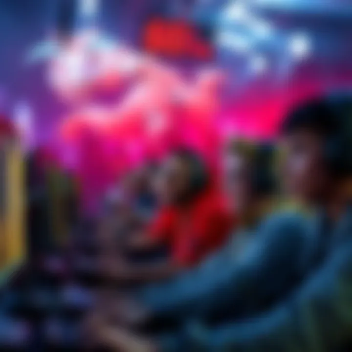 A group of gamers playing together on screens, looking excited and focused, with a visual representation of server stability above them