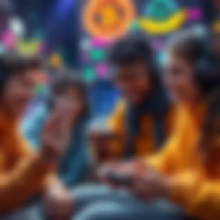 A group of friends playing multiplayer games on different devices, showcasing teamwork and excitement, with colorful graphics in the background.