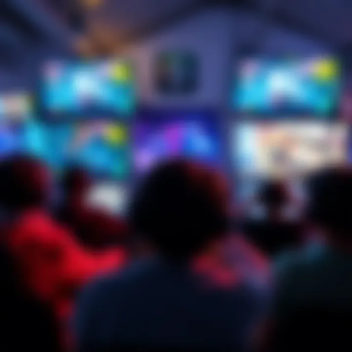 Group of gamers enjoying different multiplayer modes on screens