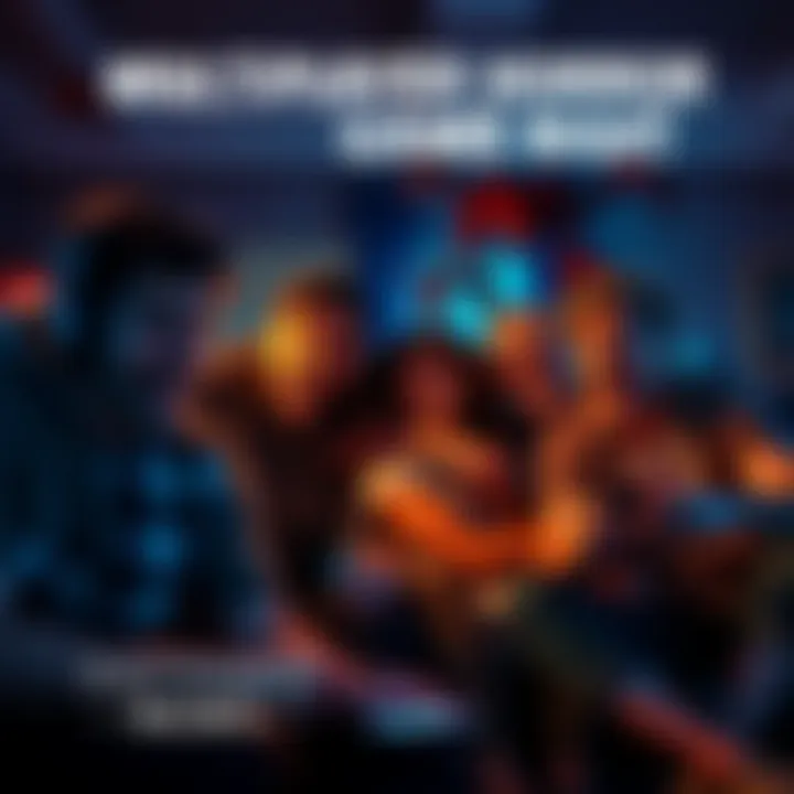 A group of friends playing a multiplayer horror game together, showing excitement and fear as they face terrifying in-game creatures.