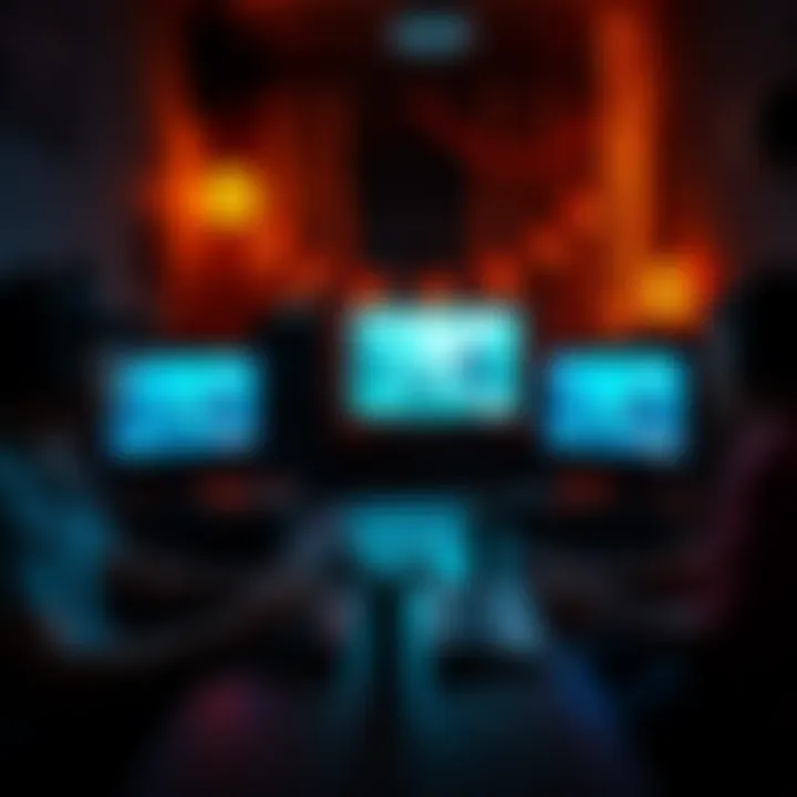 Multiplayer Horror Game Scene A group of friends playing a horror game on their computers, surrounded by spooky decorations and dim lighting.