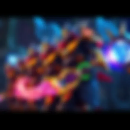 Group of players engaging in a PvE MMO game, with characters in colorful armor and magical spells being cast, showcasing teamwork and character customization.