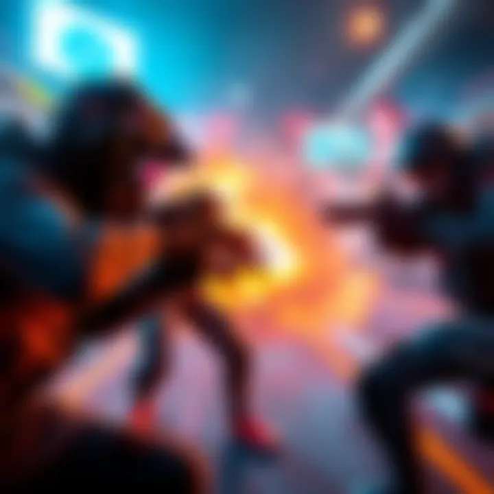 Fast-paced multiplayer shooter A scene showing players in a multiplayer shooter game, engaging in fast movement and hipfire action with vibrant visuals on PS5.