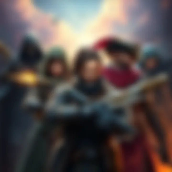 A player showcasing various character builds in a fantasy game, highlighting different weapons and outfits for each character.