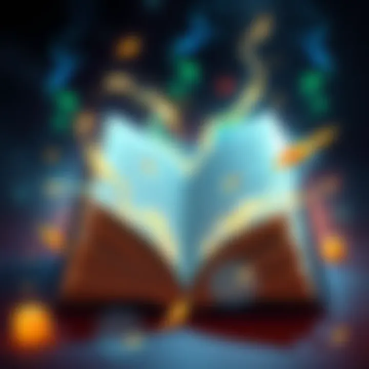 An illustration showing a codex with various chapters open, each representing different stories or endings, surrounded by a magical aura