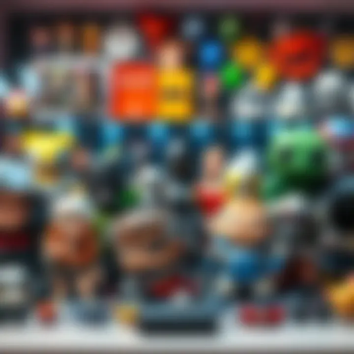 A display of various Multiversus characters and items, showcasing collectibles and game pieces.