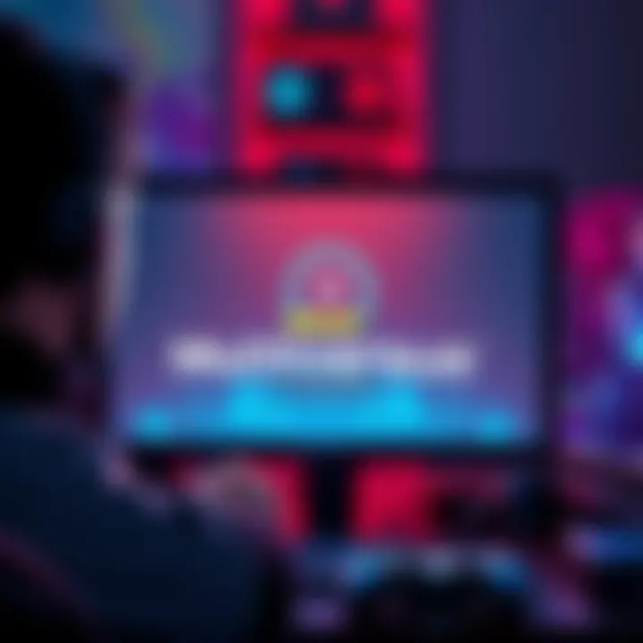 A person looking at a computer screen with a loading symbol for Multiversus download. The person appears frustrated but hopeful, surrounded by gaming accessories.