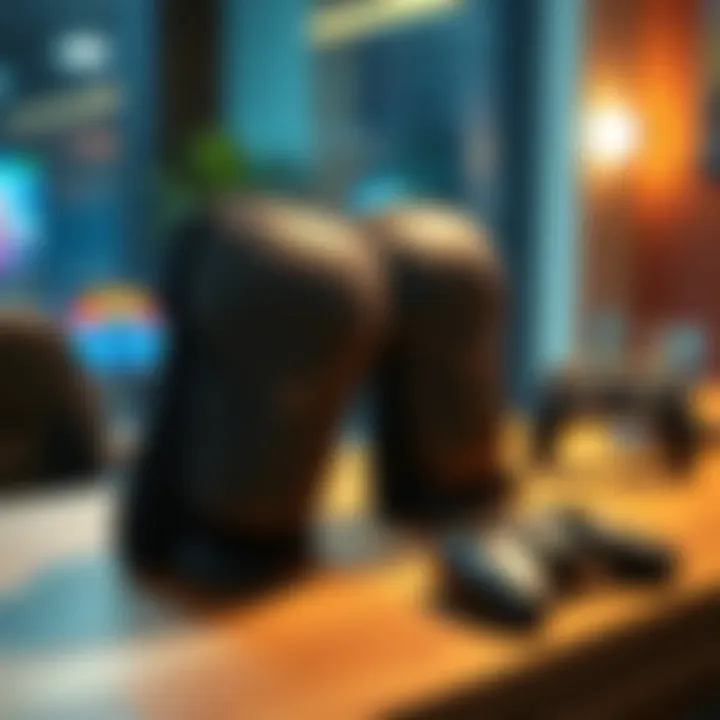 A pair of Murakami kneepads displayed on a wooden table with a gaming controller nearby