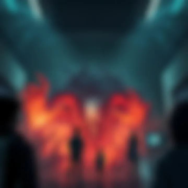 A dark and eerie mural depicting ominous imagery that unsettles players, with characters gazing at it in a game setting.