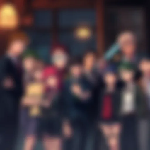 A group of diverse characters gathered in a dramatic setting, each showcasing unique expressions and styles, hinting at a complex story behind them.
