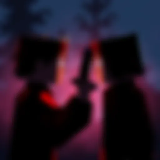 A pixelated scene depicting a tense moment between two characters on Minecraft Express, hinting at a crime with dark shadows and a menacing atmosphere.