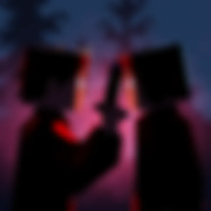 A pixelated scene depicting a tense moment between two characters on Minecraft Express, hinting at a crime with dark shadows and a menacing atmosphere.