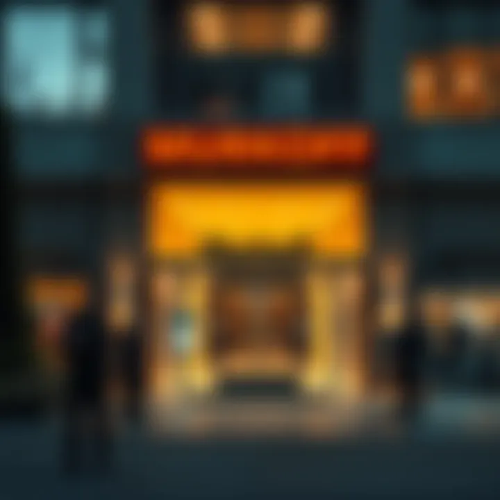 Exterior view of Murkoff's building with security guards at the entrance, illustrating their salary practices and employee dynamics