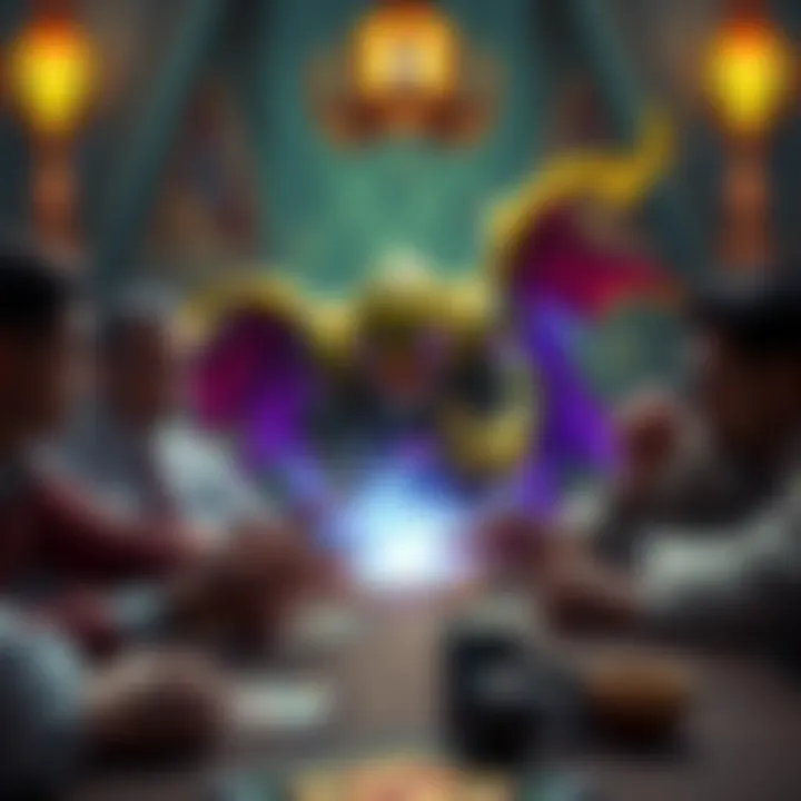 A powerful Murloc Paladin card being played at a gaming table, showing vibrant art and frustrated players reacting to its effect.