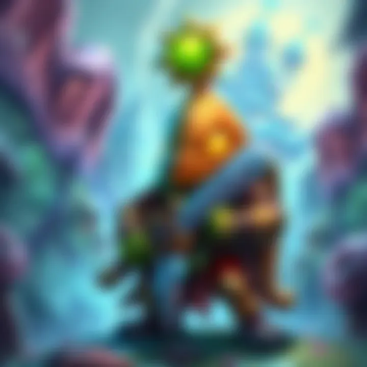 A Murloc character holding a shiny sword with a glowing Quest marker above its head, surrounded by a vibrant fantasy landscape.