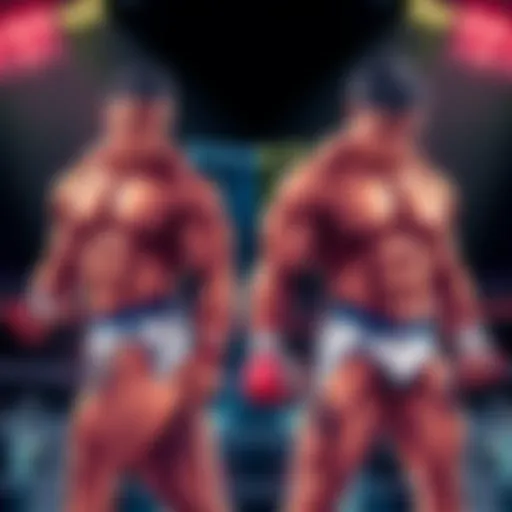 A side-by-side illustration showing uth and jho in wrestling poses, highlighting their muscle differences and body composition.