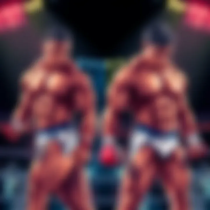 A side-by-side illustration showing uth and jho in wrestling poses, highlighting their muscle differences and body composition.