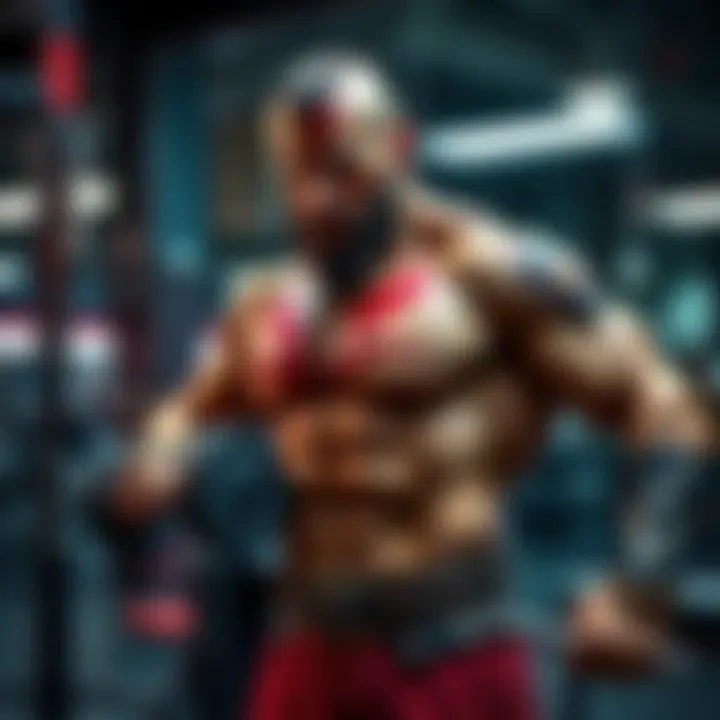A muscular man working out in a gym, showcasing intense dedication and strength training to achieve a powerful physique like a video game character.