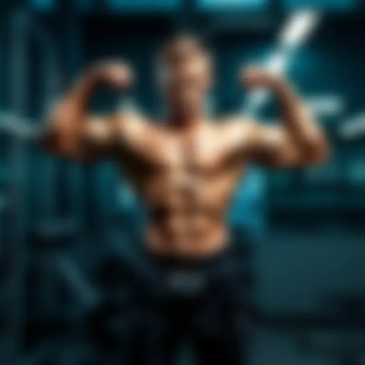 A man with a sculpted physique flexing his muscles in a gym setting, emphasizing strength and fitness.