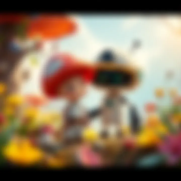 Mushroom Boy, a small character with a mushroom cap, stands beside Corpus Crewman, a robot-like figure, in a colorful and lively setting. They share a moment of friendship amidst a vibrant landscape filled with whimsical plants and creatures.