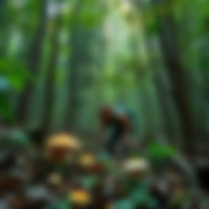 A person searching for mushrooms in a dense forest, looking carefully at the ground among leaves and trees.