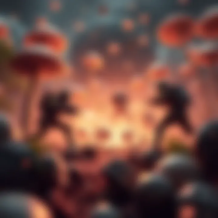 Players engage in combat against raiders in a PvP zone filled with mushrooms at Spaceport