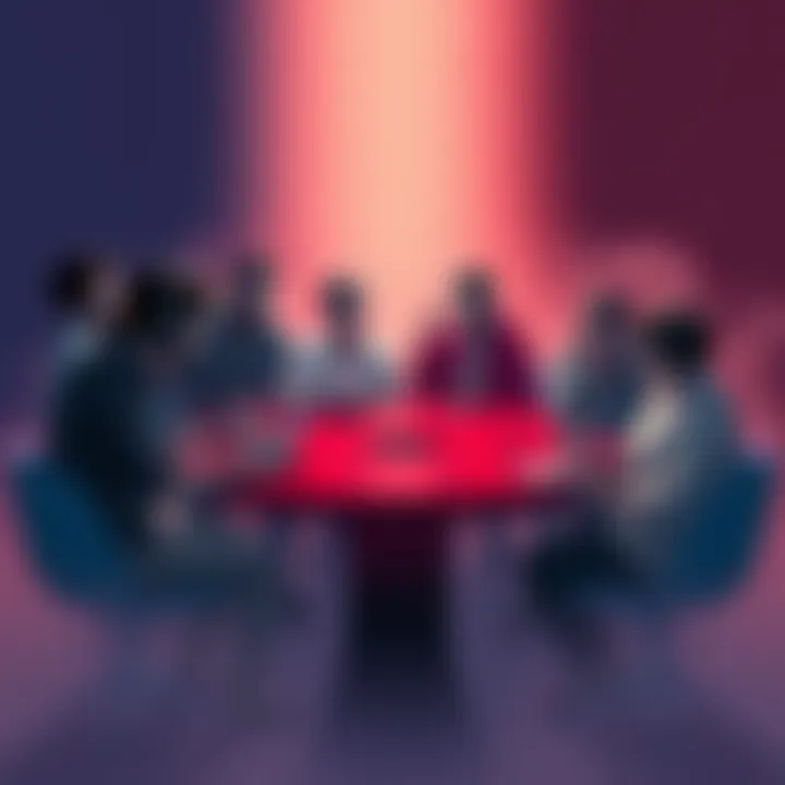 A group of frustrated musicians and fans discussing the Music Pack erasure at a round table with musical notes around them
