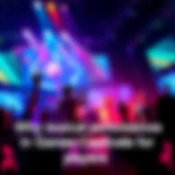 Musical Performance in Video Games A character playing an instrument on stage in a colorful gaming environment, surrounded by cheering fans
