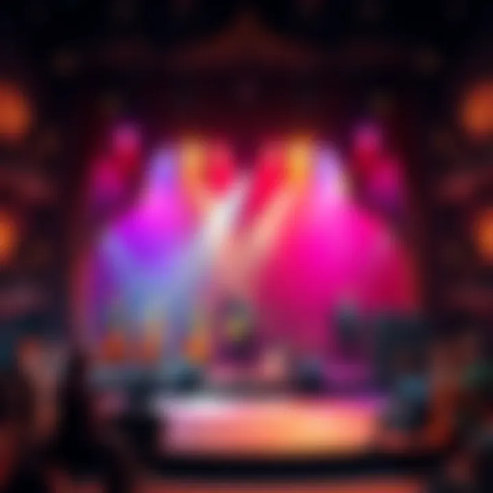 A vibrant stage scene from a musical featuring oversized replica props like instruments and costumes, engaging the audience's imagination