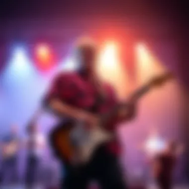 Musician Performing on Stage A determined musician plays guitar on stage despite a tough crowd, showing perseverance and passion for music.