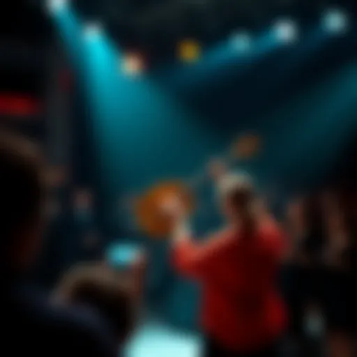 A musician surprises the audience by playing a lute during a live performance, capturing the crowd's attention
