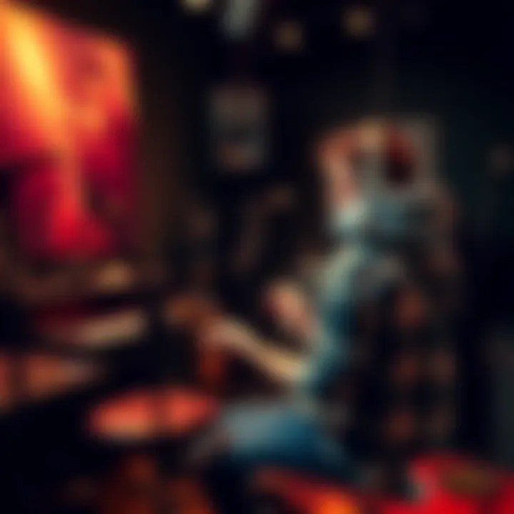 A musician working on an album in a recording studio with instruments and mixing equipment around.