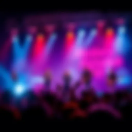 A lively group of musicians on stage performing the song Make The Fishstick Pay with colorful lights and an energetic crowd in front.