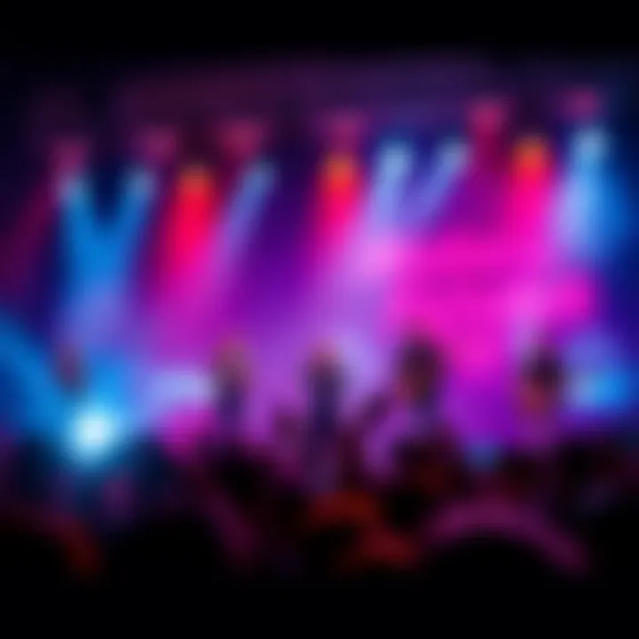 A lively group of musicians on stage performing the song Make The Fishstick Pay with colorful lights and an energetic crowd in front.