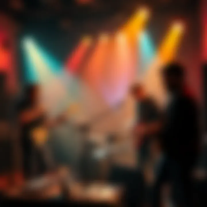 Musicians collaborating with jam tracks A group of musicians excitedly playing together using jam tracks in a studio setting