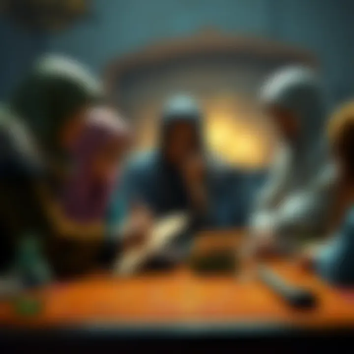 Muslim DND players discussing roleplay A diverse group of Muslim DND players gathered around a table discussing challenges of playing clerics without a deity in Dungeons & Dragons.