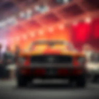 A classic Mustang car on display at an auction, with a price tag of 20 million CR, attracting attention from onlookers.