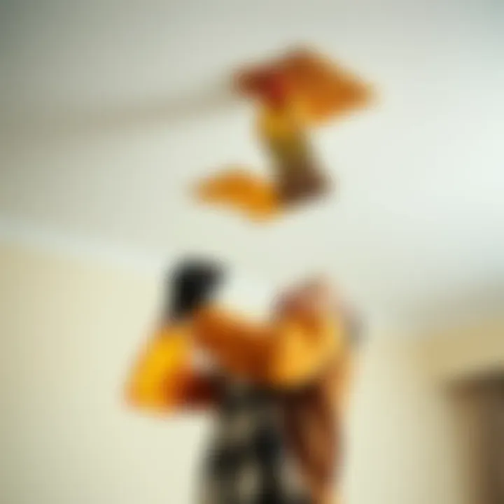 A person cleaning a musty ceiling with a brush and spray bottle in a bright room