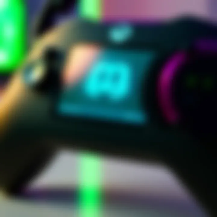 A gaming headset with a mute symbol on the screen of an Xbox controller while showing a Discord chat interface.