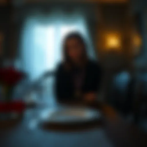 Myers sitting at a dinner table looking puzzled, with an empty plate in front of her and a medal beside it, reflecting on a promise.