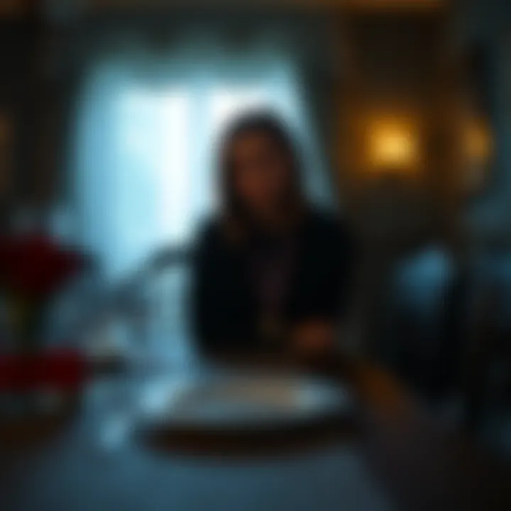 Myers sitting at a dinner table looking puzzled, with an empty plate in front of her and a medal beside it, reflecting on a promise.