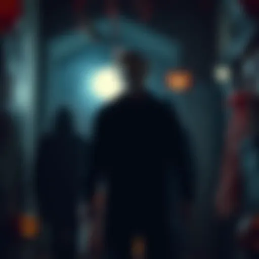 Halloween character Myers in dark setting Myers from Halloween standing ominously, surrounded by shadows and Halloween decorations