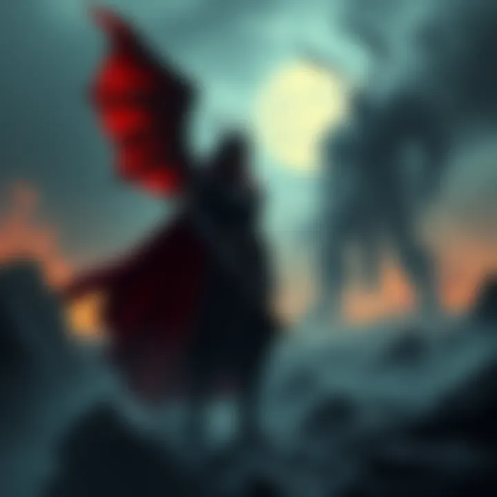 Myrrah stands defiantly against a backdrop of destruction, contemplating her decision to wage war on humans while a shadow of the Lambent threat looms nearby.