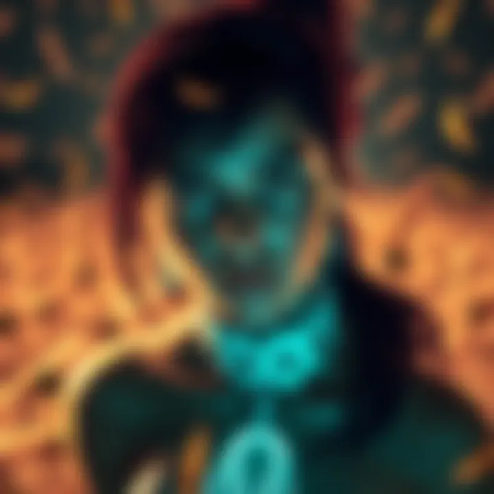 Myrrah showing signs of recovery after a counter measure, with a contrasting background of locusts to highlight her resilience.